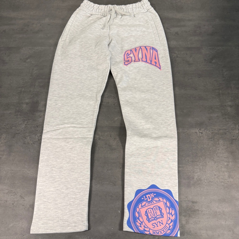 Syna World Sweatpants Mens S Grey College Graphic Logo Straight Leg Central Tee